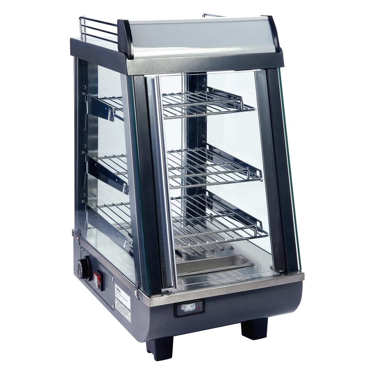 Winco HDM-13 heated display merchandiser, three-quarter front view showing glass panels, wire shelves, thermostat dial, and stainless steel base