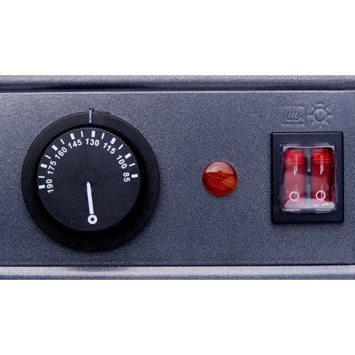 Close-up of the Winco HDM-13 thermostat dial marked 85 through 190 degrees, amber indicator light, and dual rocker power switch