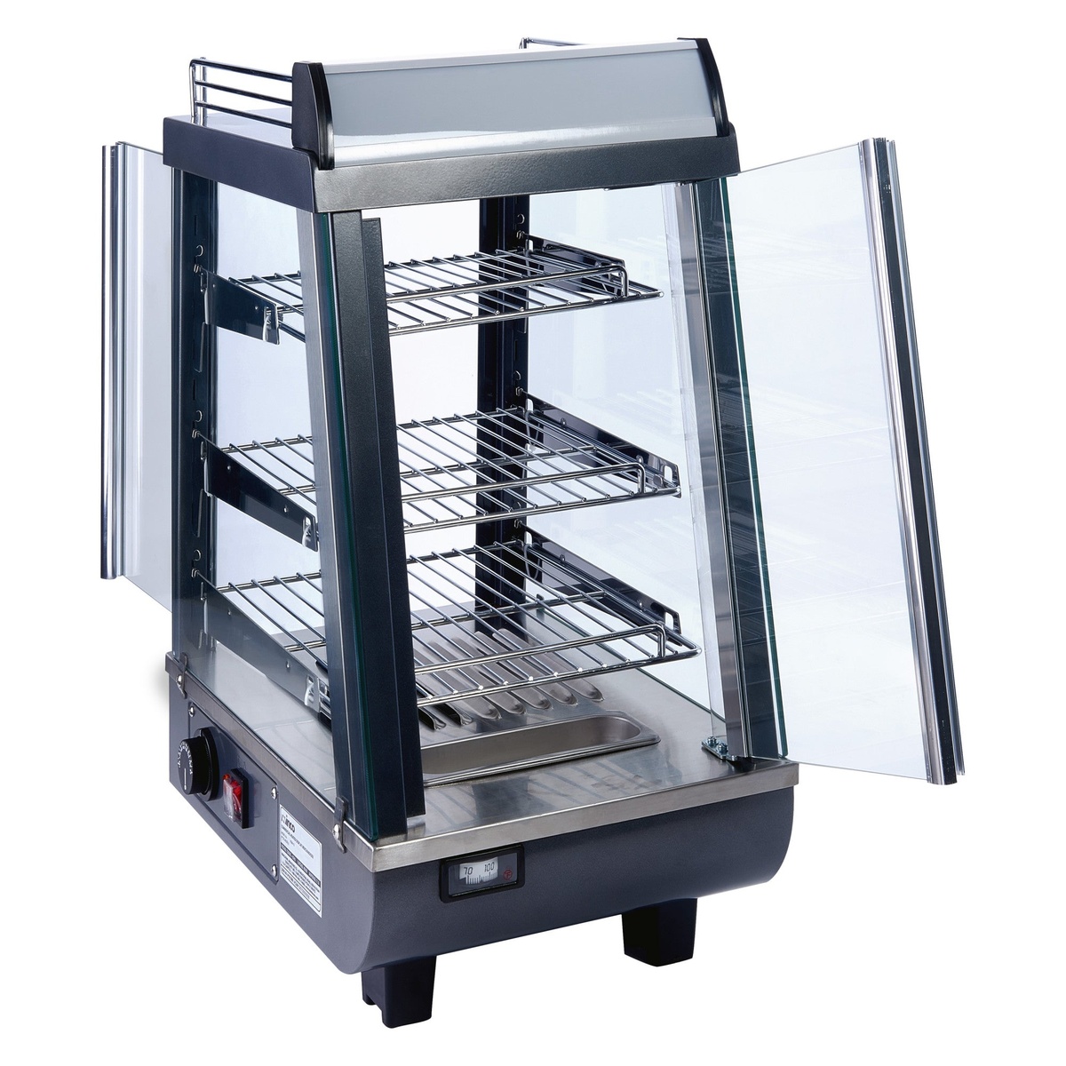 Winco HDM-13 with both front and rear glass doors swung open, revealing three adjustable wire shelves and removable stainless water pan