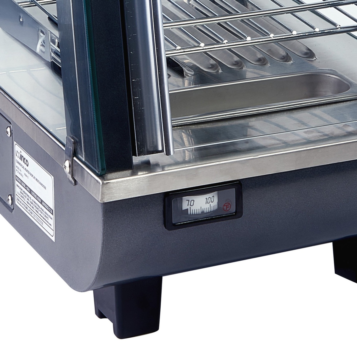 Close-up of Winco HDM-13 lower front panel showing the visible thermometer gauge in Fahrenheit, stainless steel base trim, and product label