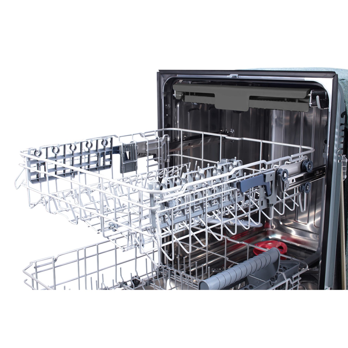 Upper rack pulled out showing adjustable rack system and interior