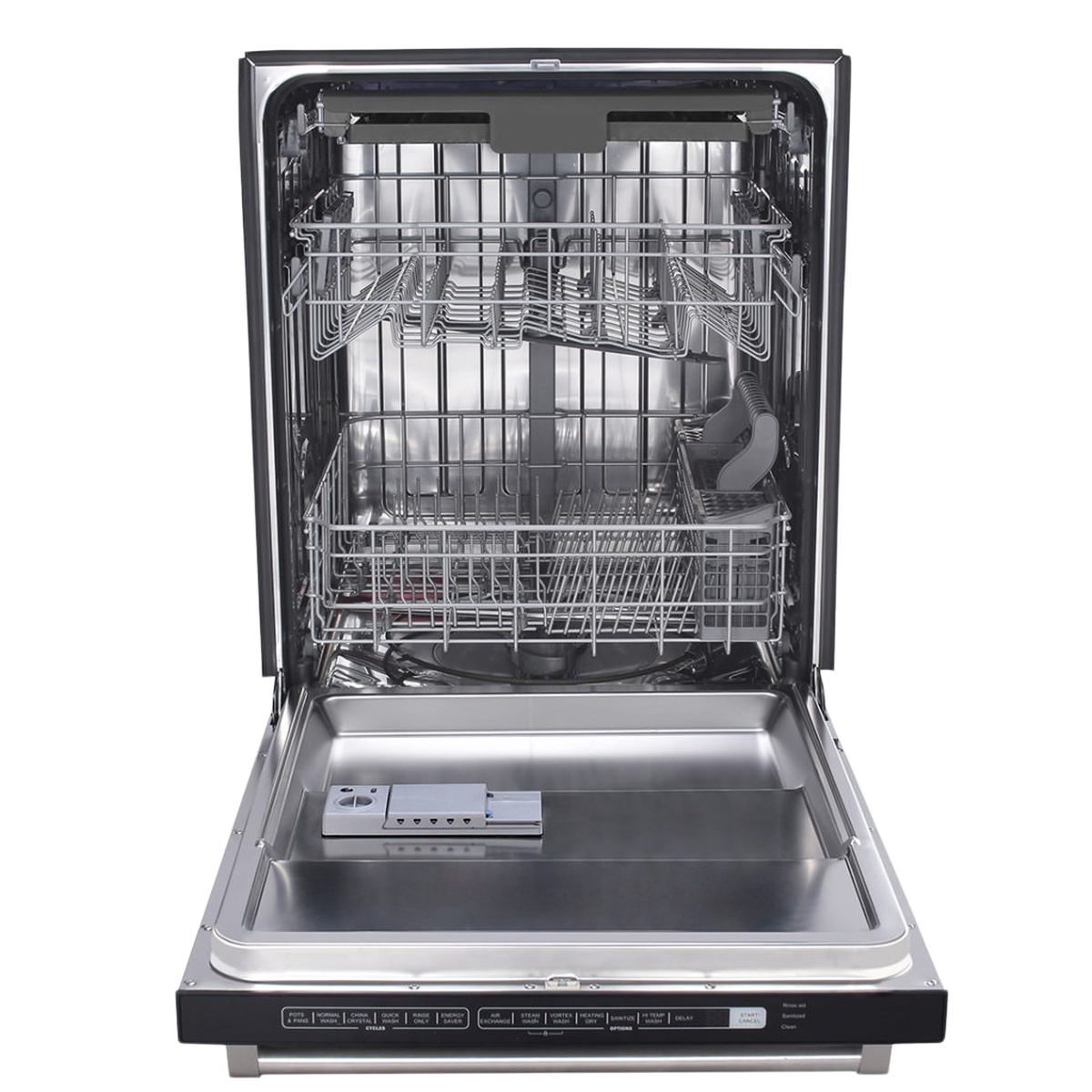 Open dishwasher showing stainless interior tub and rack layout