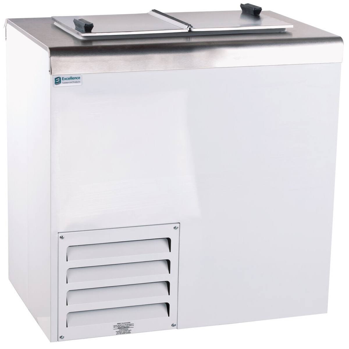 Excellence HFF-2HC flip lid ice cream dipping cabinet exterior with white painted body, stainless steel top, two flip lids, and ventilation grille