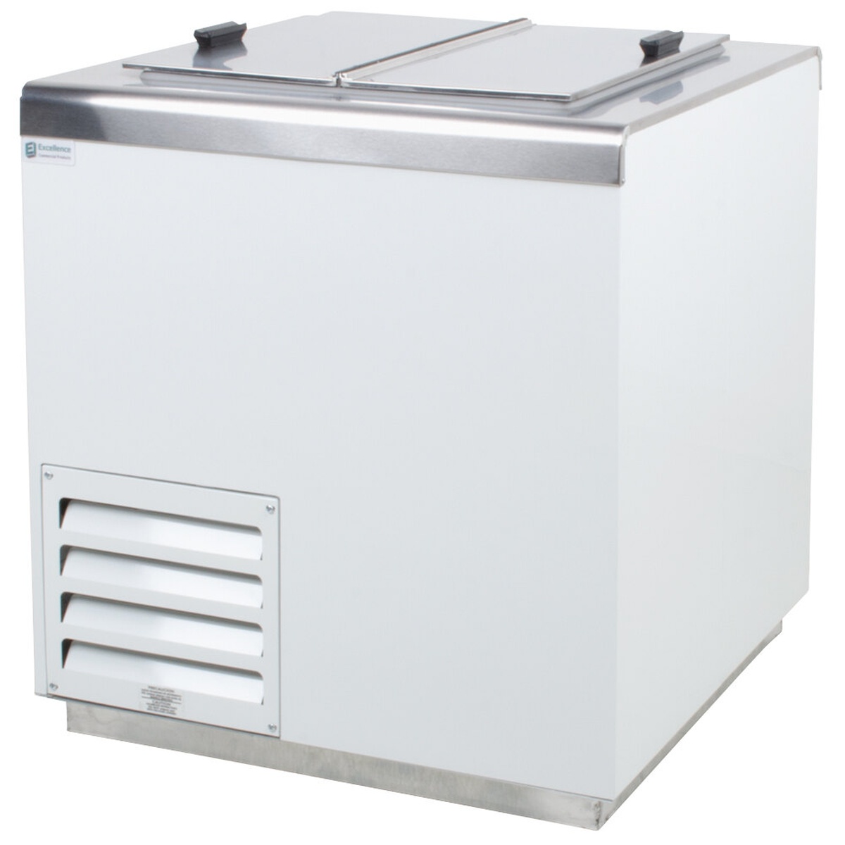 Excellence HFF-4HC ice cream dipping cabinet three-quarter view showing white exterior and stainless steel flip-top lids