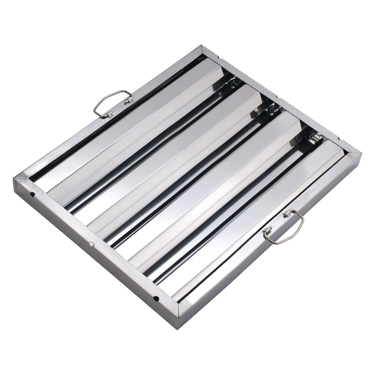 Winco HFS-1620 stainless steel hood baffle filter with handles, angled view showing parallel baffle blades