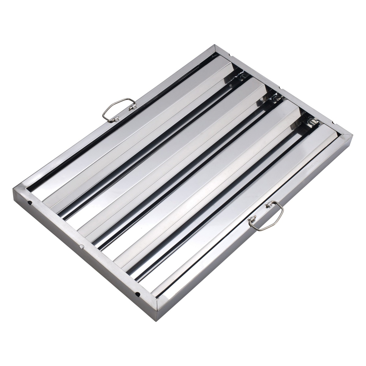 Winco HFS-1625 stainless steel hood baffle filter with integrated ring handles, angled view showing baffle channels