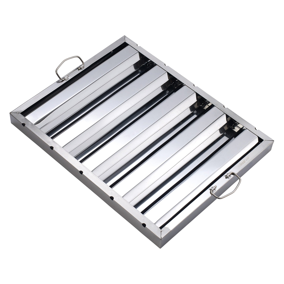 Winco HFS-2016 stainless steel hood baffle filter with two ring handles, showing angled baffle blades