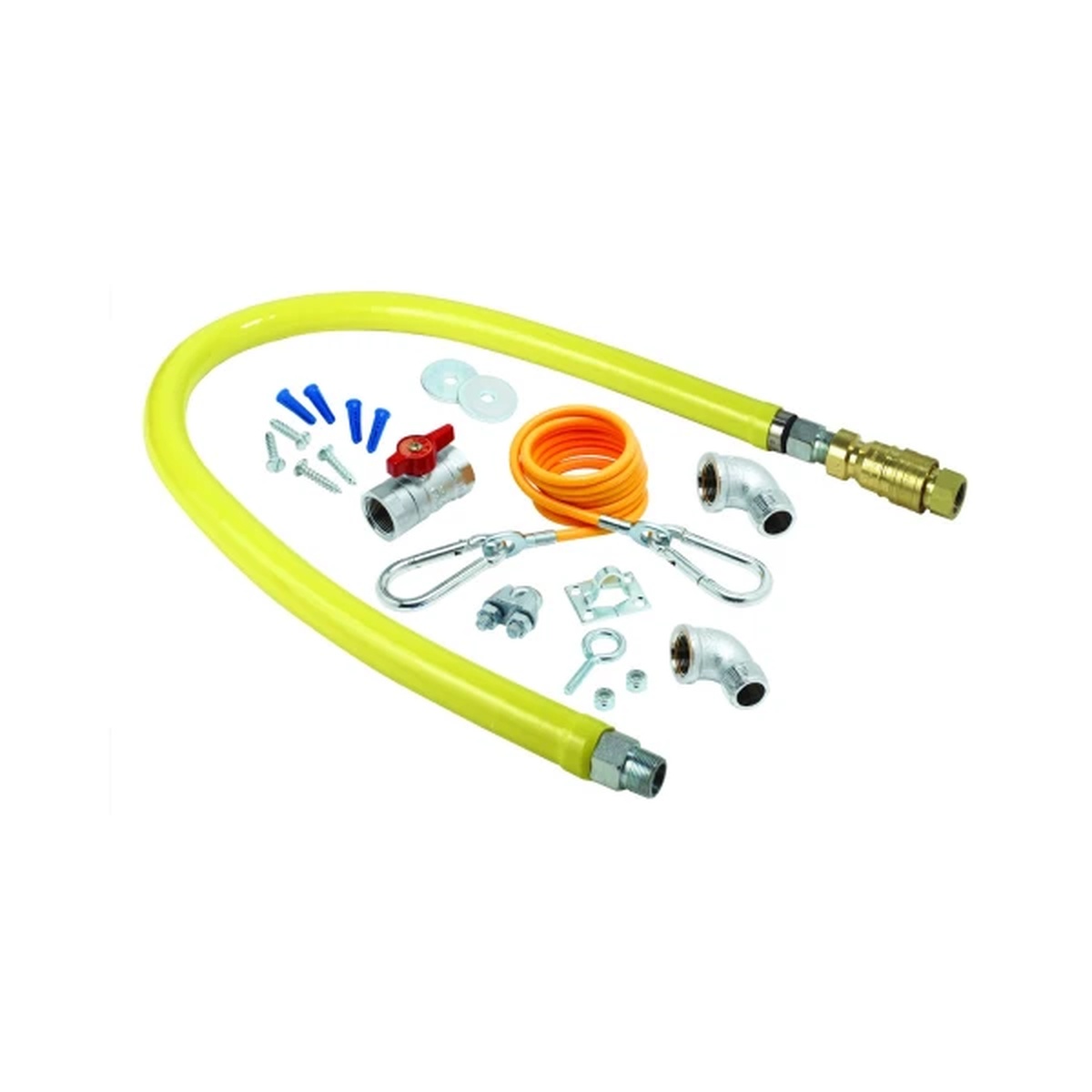 T&S Brass HG-4C-48K 48-inch yellow coated gas appliance connector hose with quick disconnect and full installation kit components