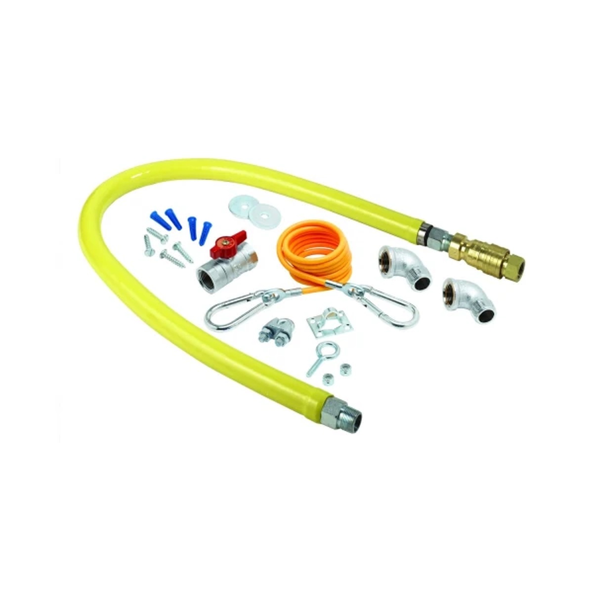 T&S Brass HG-4D-48K Safe-T-Link 48-inch coated gas connector hose kit with quick-disconnect, ball valve, street elbows, restraining cable, and mounting hardware