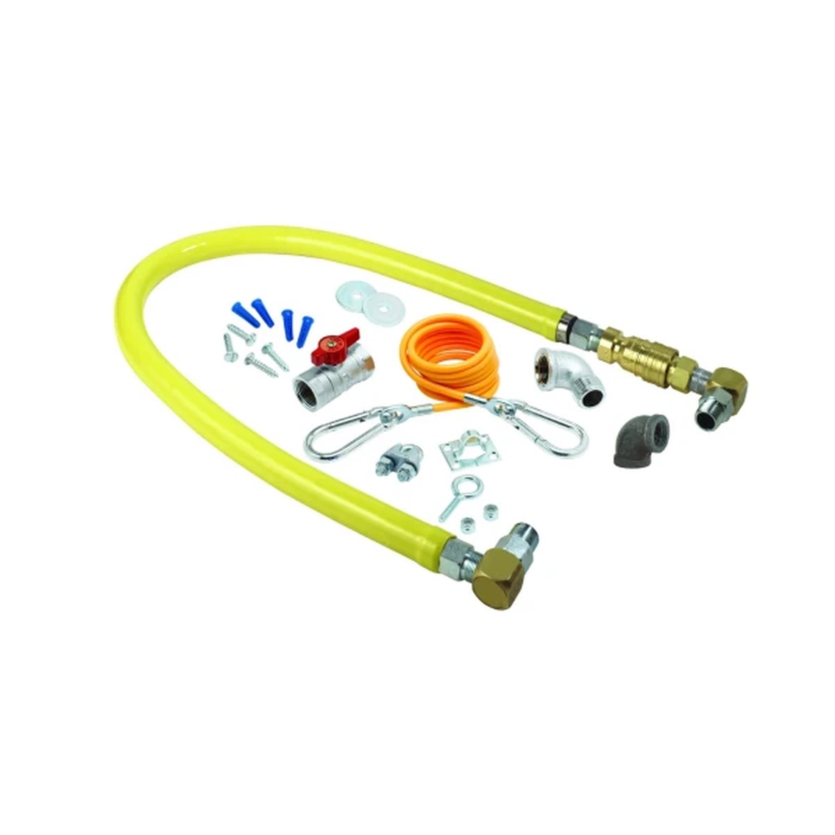 T&S Brass HG-4D-48SK Safe-T-Link 48-inch yellow coated gas connector kit with fittings, quick disconnect, ball valve, and restraining cable laid out on white background