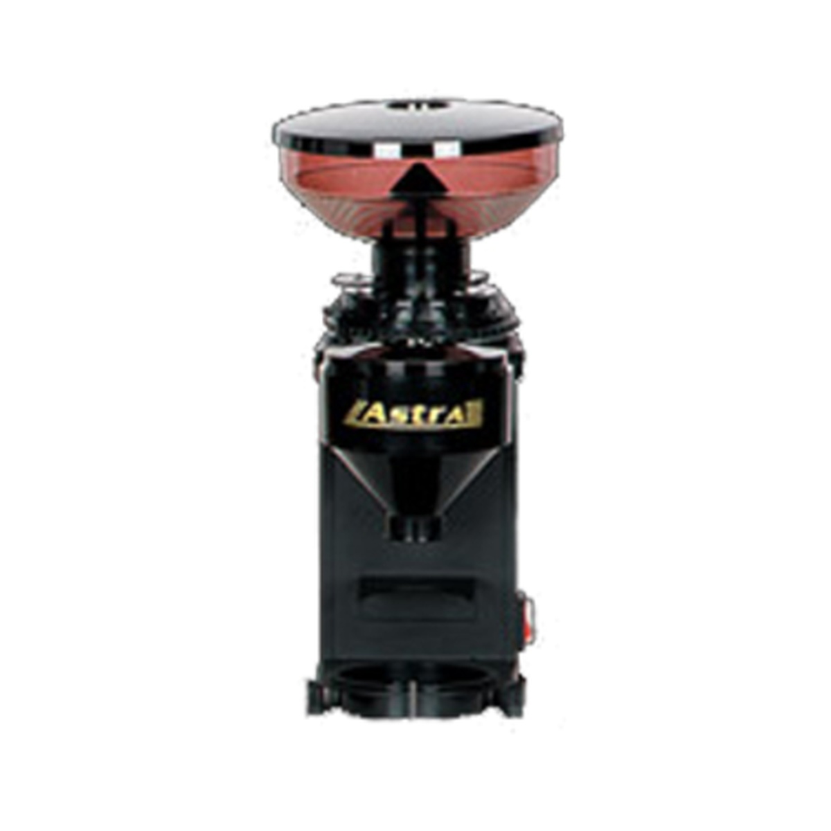 Astra HGS 007 semi-automatic coffee bean grinder in black with red hopper lid and gold Astra logo