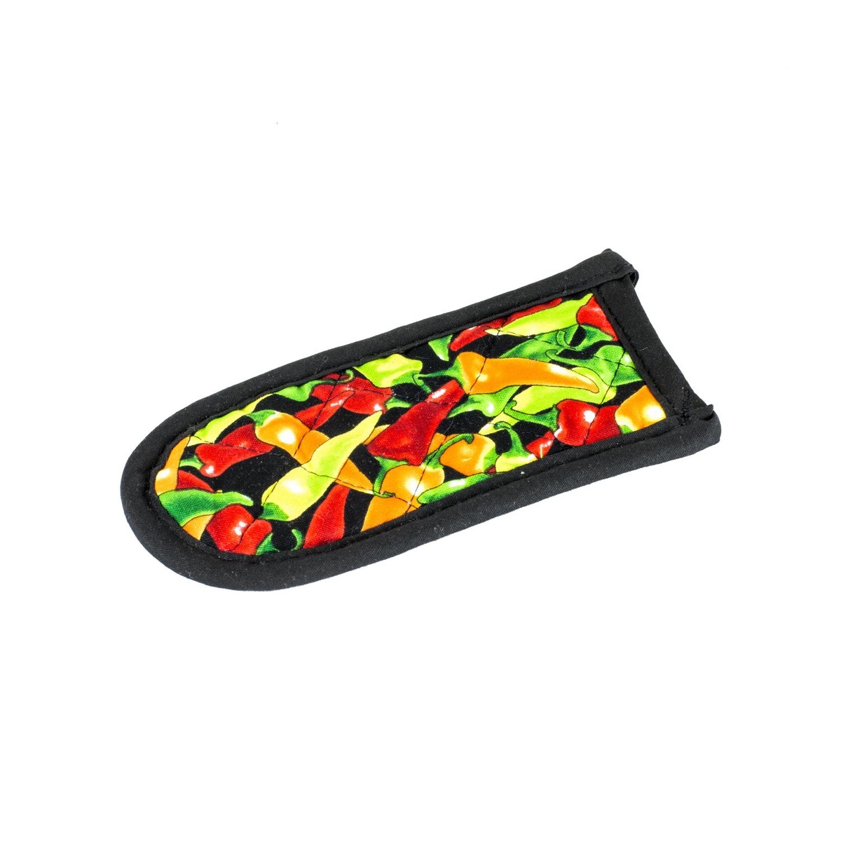 Lodge HH12 hot handle holder with multicolor chili pepper design on black background