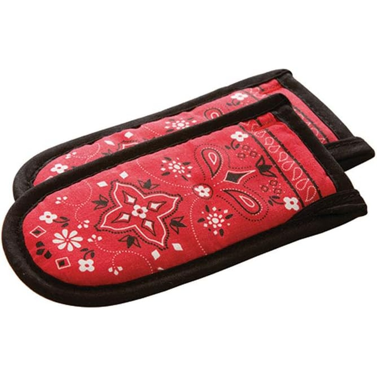 Pair of Lodge red bandana handle holders with black border, displayed flat showing full paisley print detail