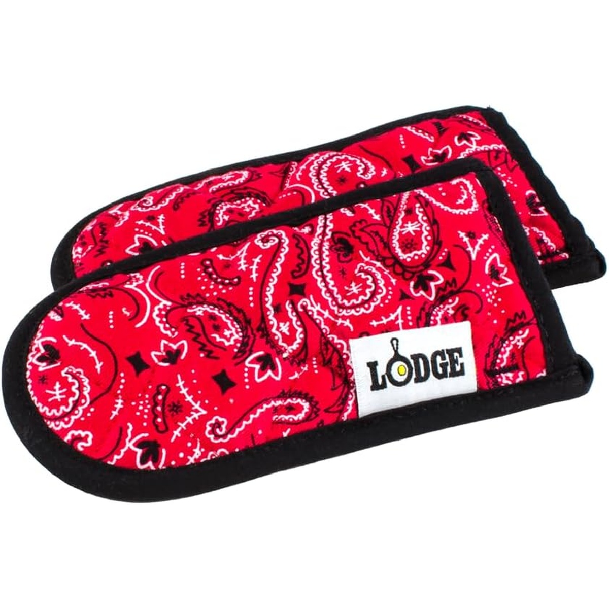 Two Lodge bandana hot handle holders in red and black paisley pattern, shown as a pair