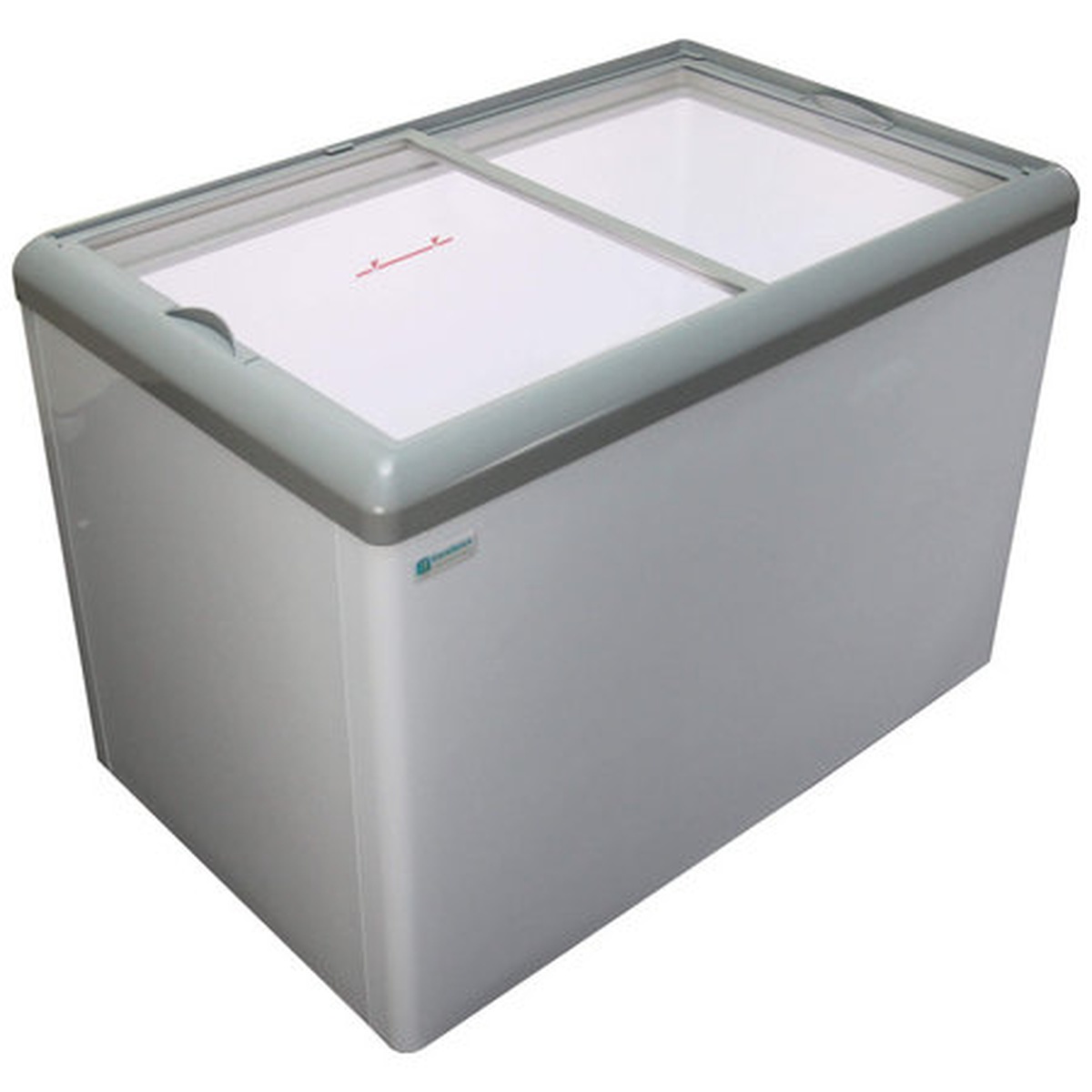 Excellence Industries HL-14HC flat top display chest freezer with sliding glass lids, white painted steel exterior and gray trim