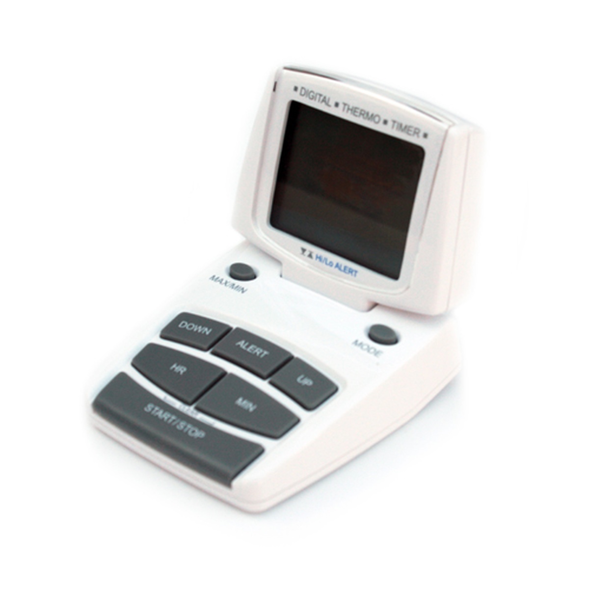 Comark HLA1 digital cooking and cooling thermometer with timer, showing tilted LCD display and control buttons including DOWN, ALERT, HR, UP, MIN, START/STOP, MAX/MIN, and MODE