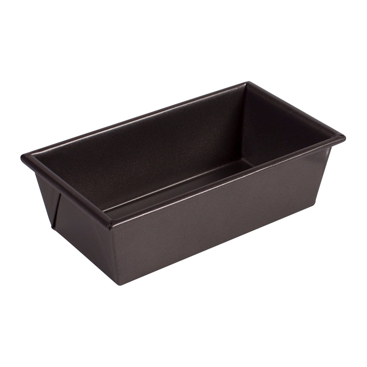 Winco HLF-100 black non-stick aluminized steel 1 lb loaf pan, angled view showing interior coating and reinforced rim