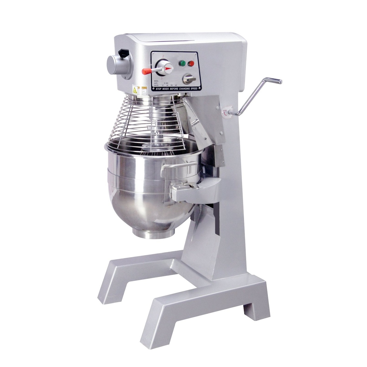 Enhanced HLM30B-T 30 Qt planetary mixer with stainless steel bowl, wire bowl guard, and gray housing on white background