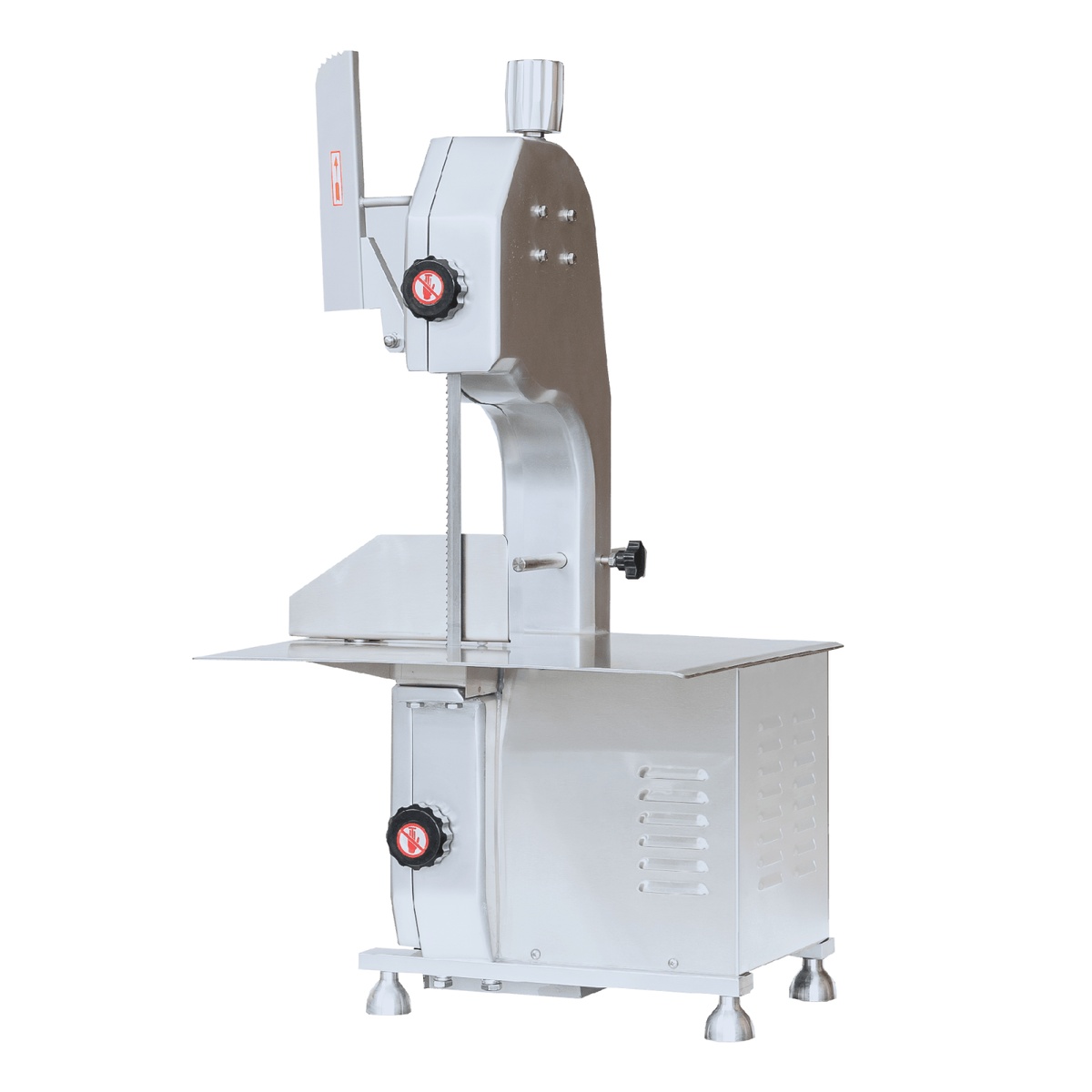 Enhanced HLS1650A bone saw side profile view showing stainless steel body, adjustable hand guard, and cutting table