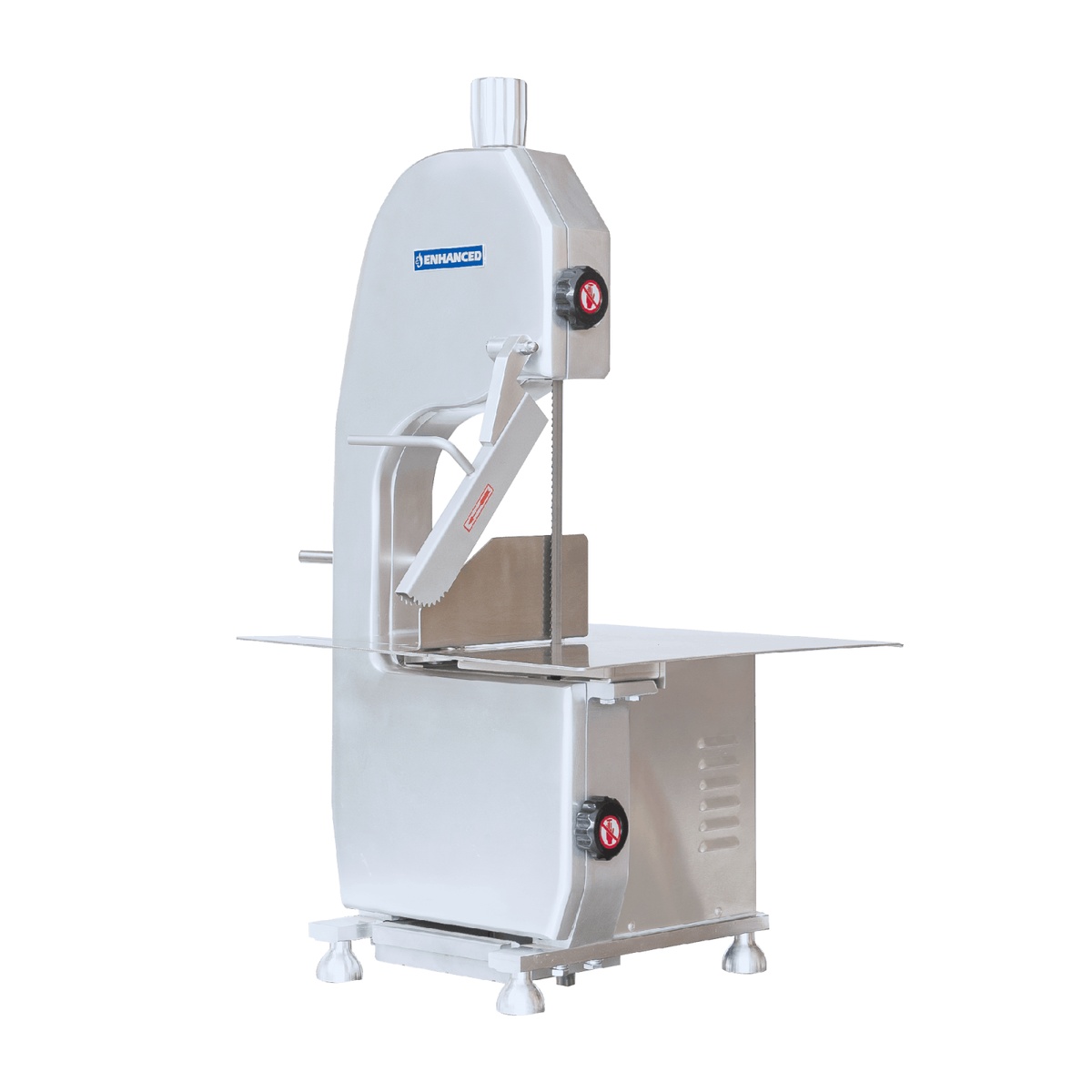 Enhanced HLS1650A commercial bone saw, three-quarter front view showing full machine profile with cutting table and guide