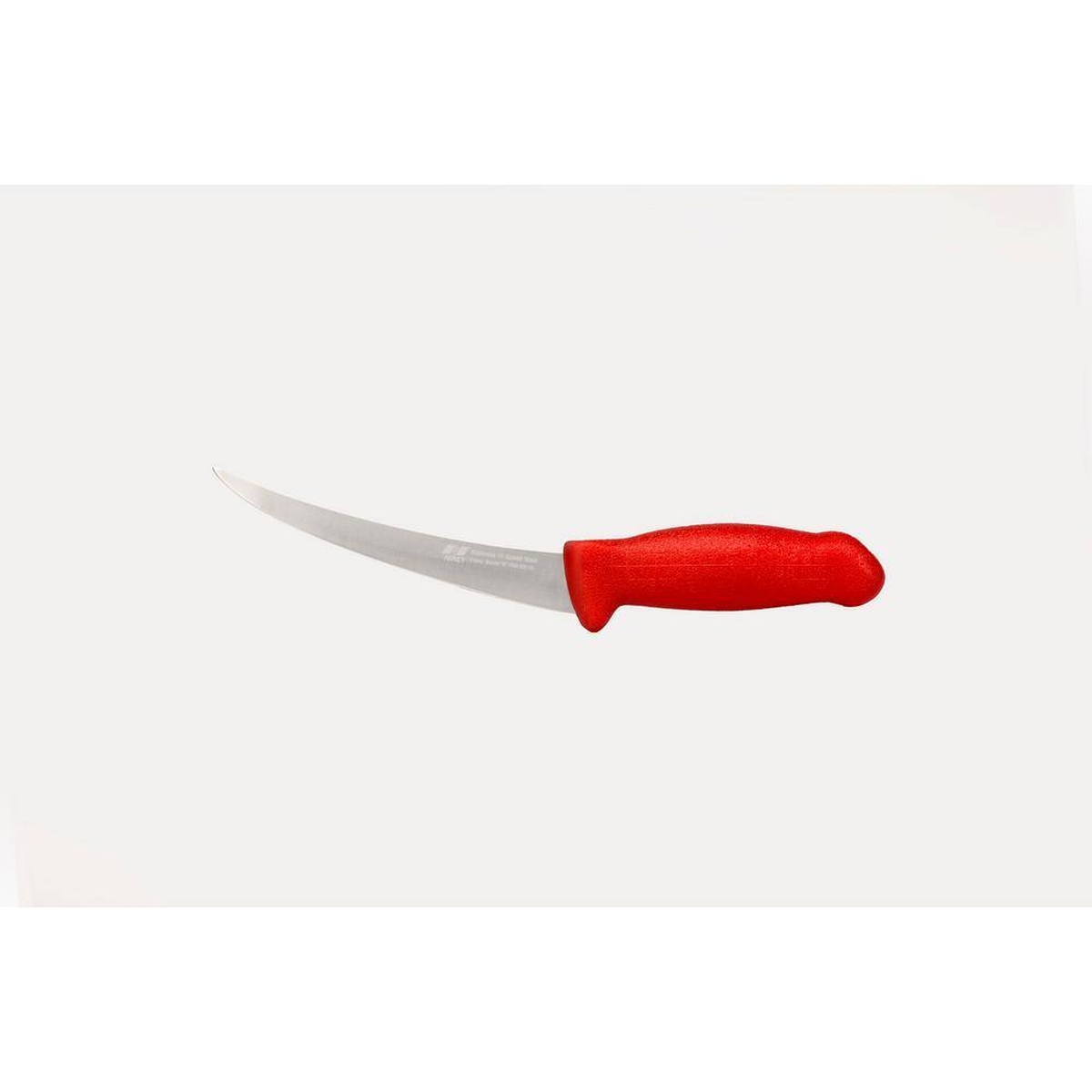 Master Grade 6 inch flexible boning knife with a curved stainless steel blade and textured red ergonomic handle