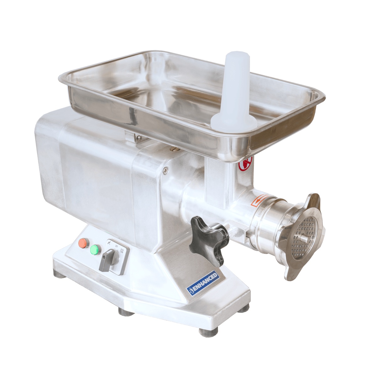 Enhanced HM-12 commercial #12 hub meat grinder with stainless steel pan and grinding head