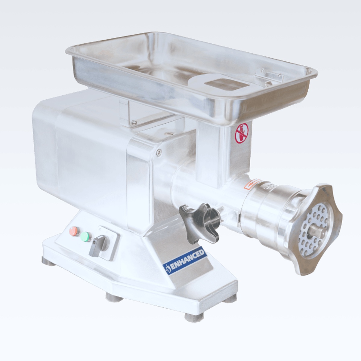 HM-22A Enhanced commercial meat grinder showing stainless steel tray, body, and grinding head with plate