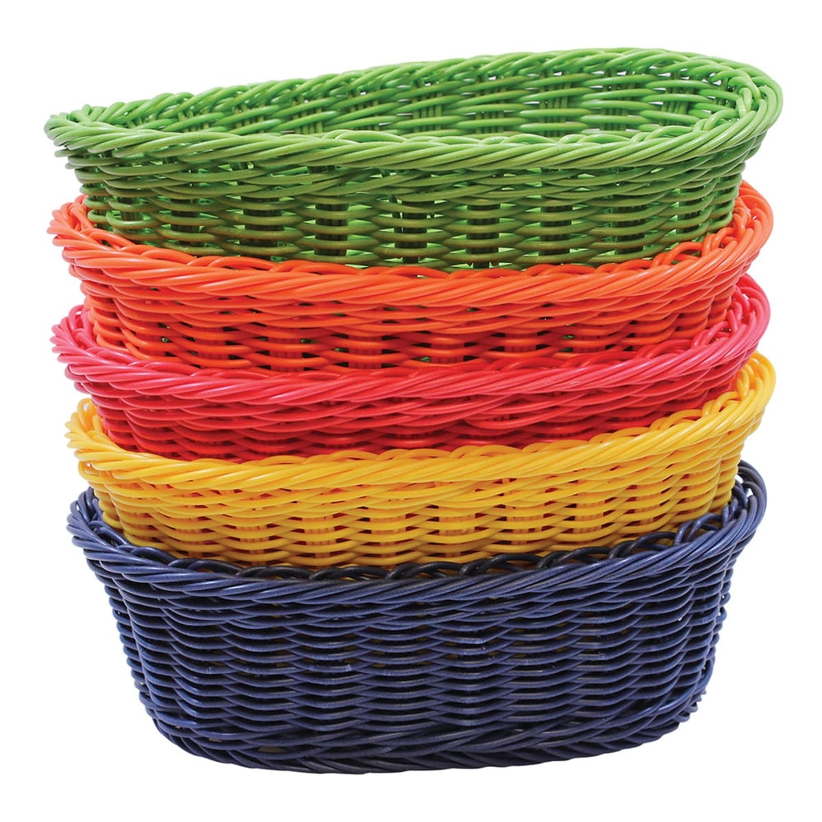 Stack of five Tablecraft HM1174A oval woven polypropylene baskets in assorted colors including green, orange, red, yellow, and blue