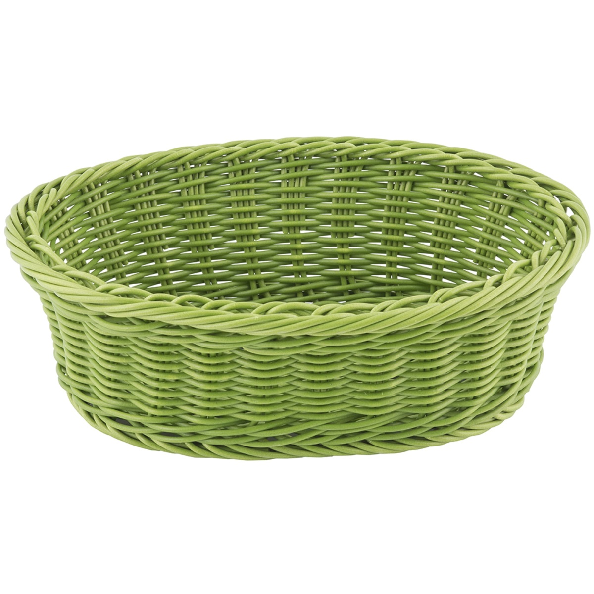Single Tablecraft HM1174A oval woven polypropylene basket in green, showing open weave detail