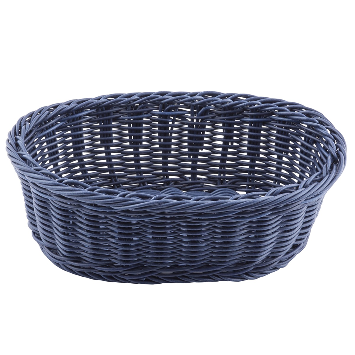 Single Tablecraft HM1174A oval woven polypropylene basket in navy blue showing interior weave detail
