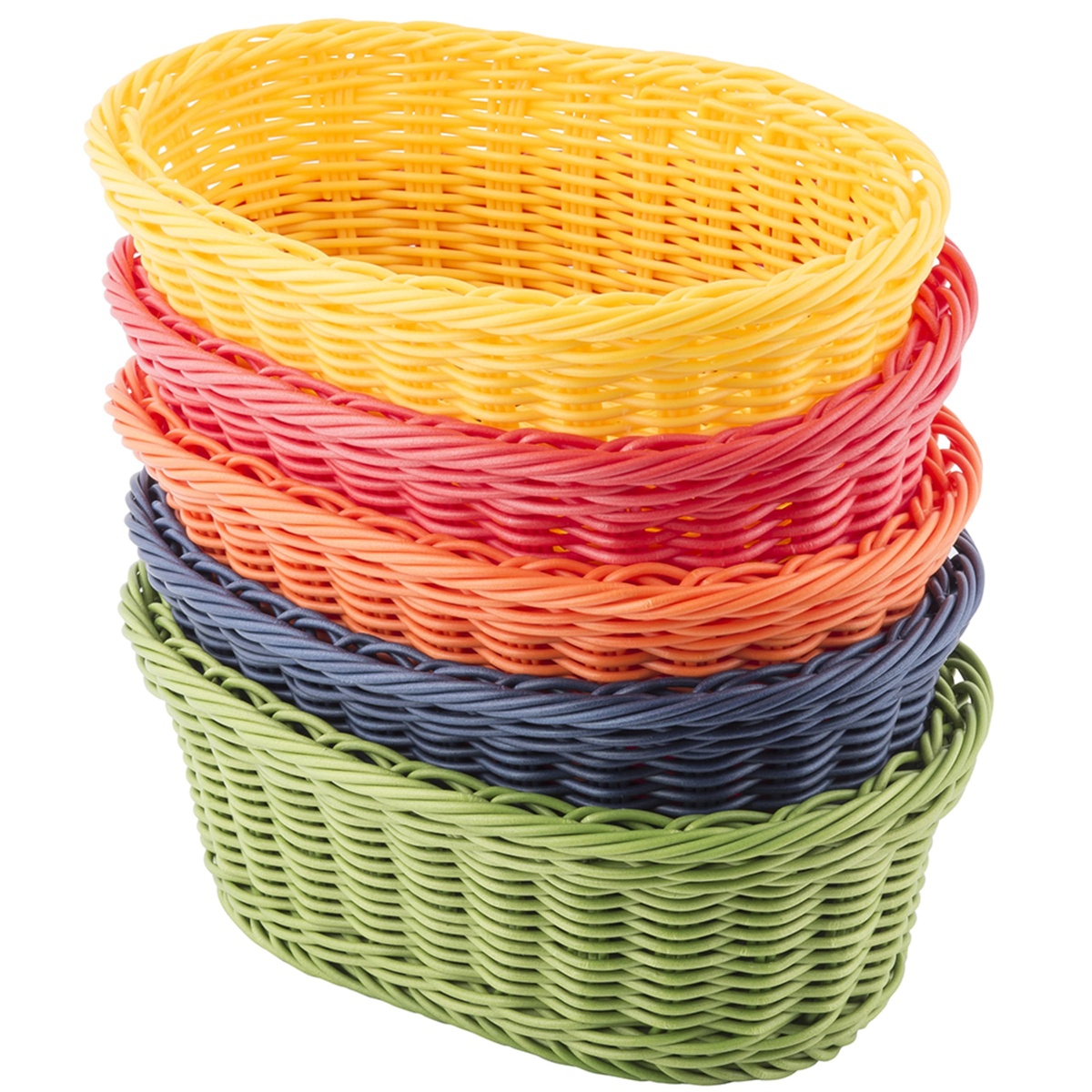 Four Tablecraft oval woven baskets stacked in yellow, red, orange, blue, and green polypropylene cord