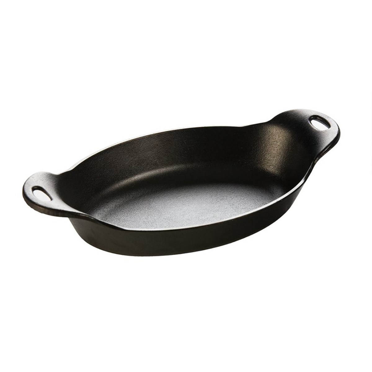 Lodge HM16OS 16 oz black cast iron oval server with dual loop handles, angled view