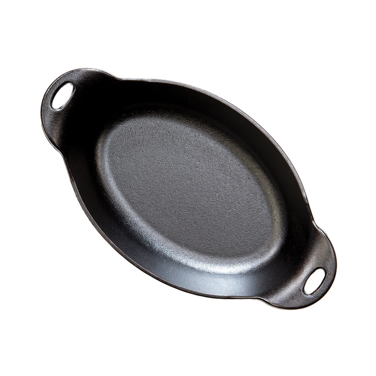 Lodge HM16OS cast iron oval server, top-down view showing interior cooking surface and dual handles