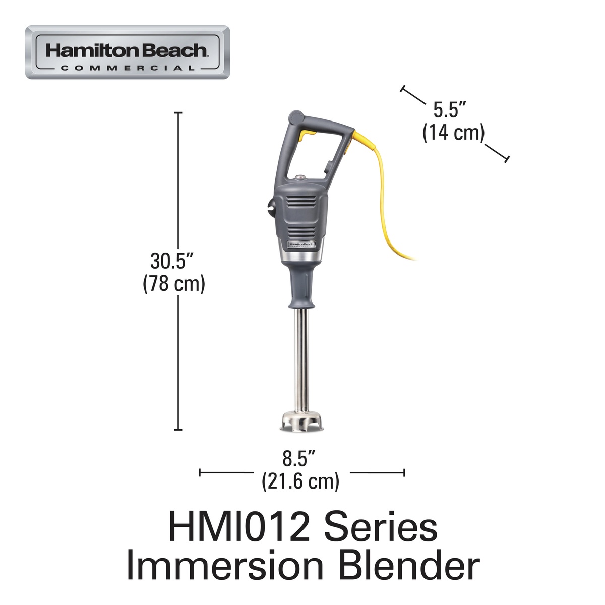 Hamilton Beach HMI012 immersion blender dimensions showing 30.5 inch height, 8.5 inch width, and 5.5 inch handle