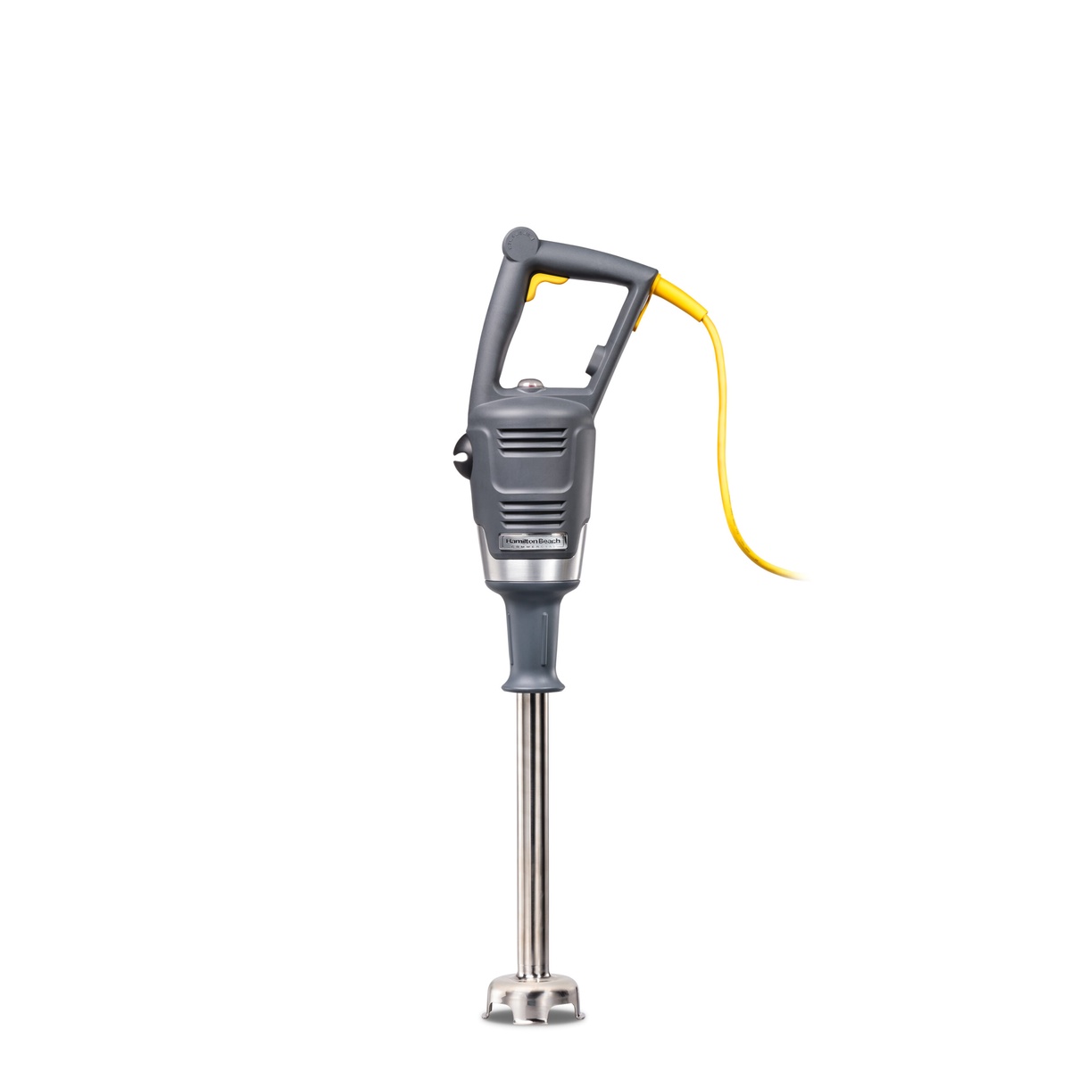 Hamilton Beach BigRig HMI014 14-inch immersion blender with gray housing, yellow power cord, and stainless steel shaft