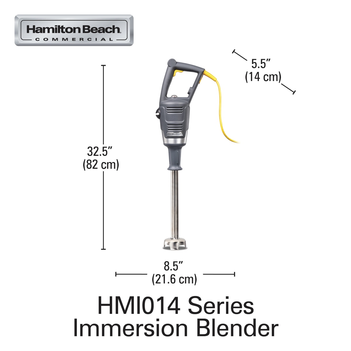 Hamilton Beach HMI014 Series immersion blender with dimension measurements showing 32.5 inch height, 8.5 inch width, and 5.5 inch depth
