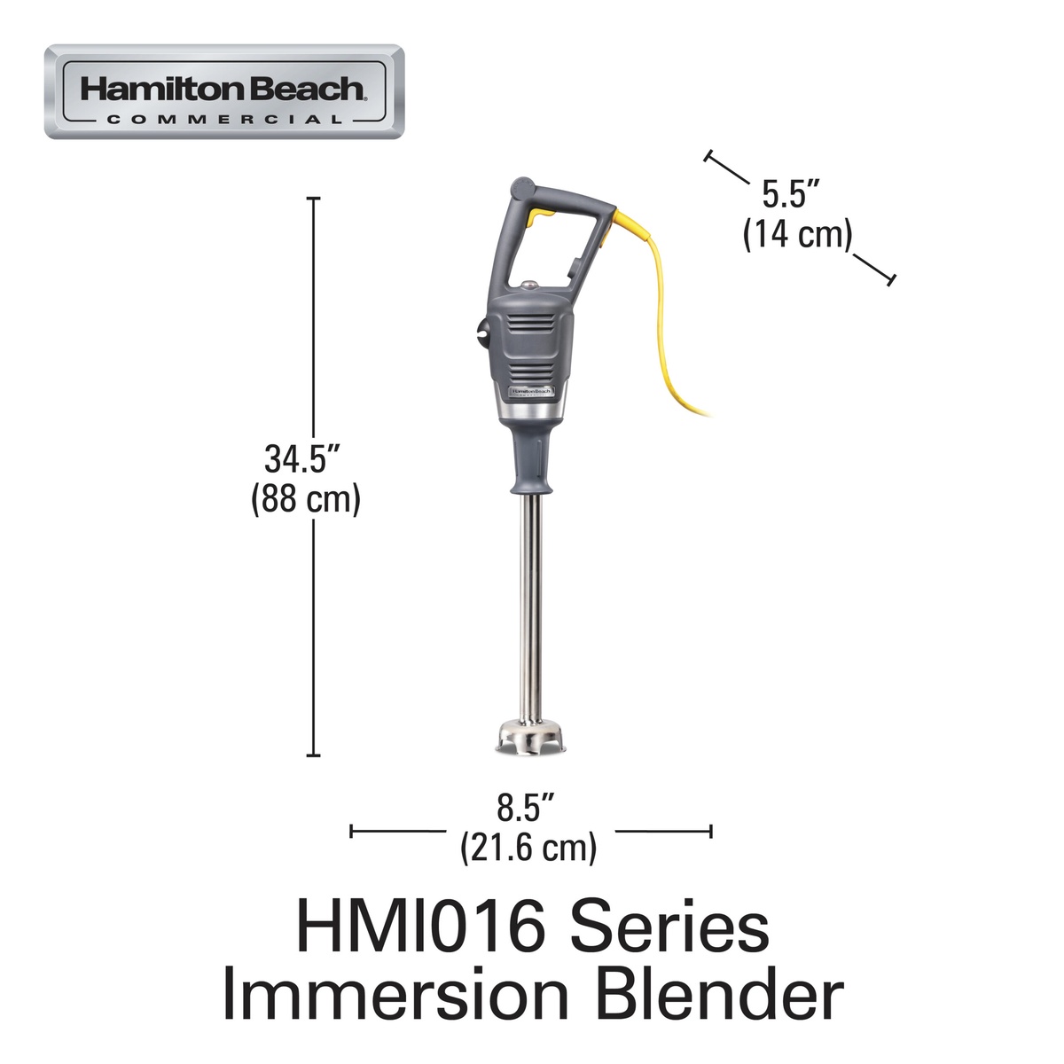 Hamilton Beach BigRig HMI016 immersion blender dimensions diagram showing 34.5 inch height, 8.5 inch width, and 5.5 inch depth