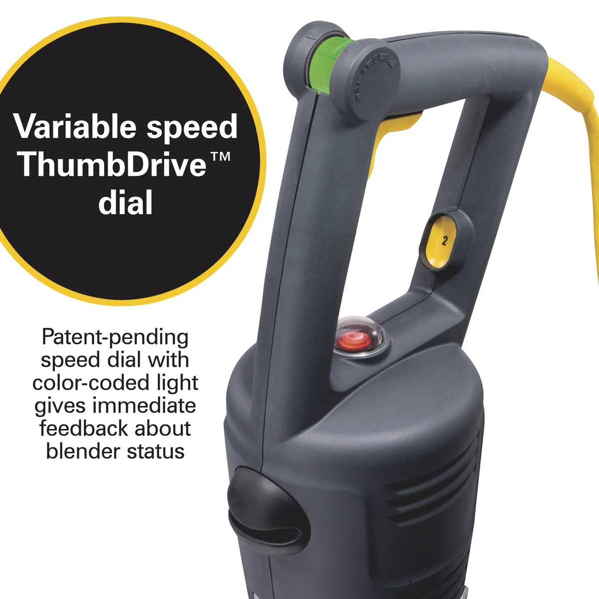 Close-up of Hamilton Beach BigRig immersion blender variable speed ThumbDrive dial with color-coded indicator light