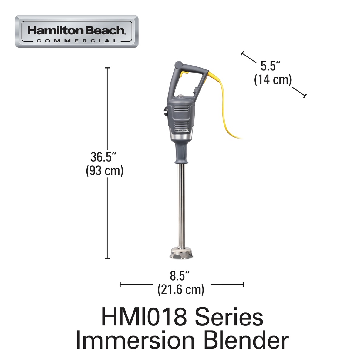 Hamilton Beach HMI018 immersion blender dimensions: 36.5 inches tall, 8.5 inches wide, 5.5 inch handle