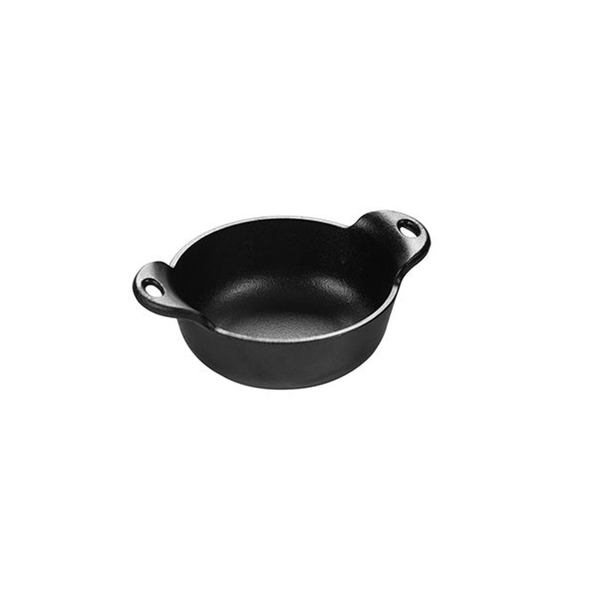Side view of Lodge heat-treated cast iron mini serving bowl with dual handles