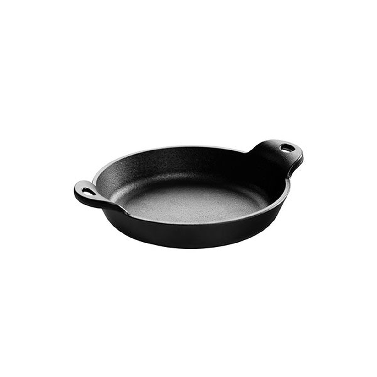 Lodge HMSRD 14 oz heat-treated cast iron round mini server, black, with dual loop handles, shown on white background