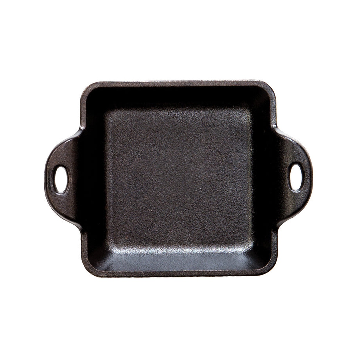 Lodge HMSS square cast iron mini server top-down view showing seasoned cooking surface and dual handles