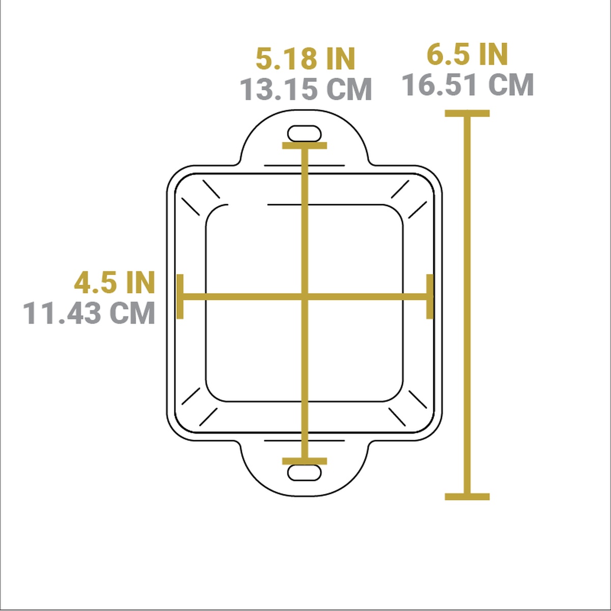 Diagram showing Lodge HMSS top-down dimensions: 6.5 inches length, 5.18 inches width with handles, 4.5 inches interior cooking width
