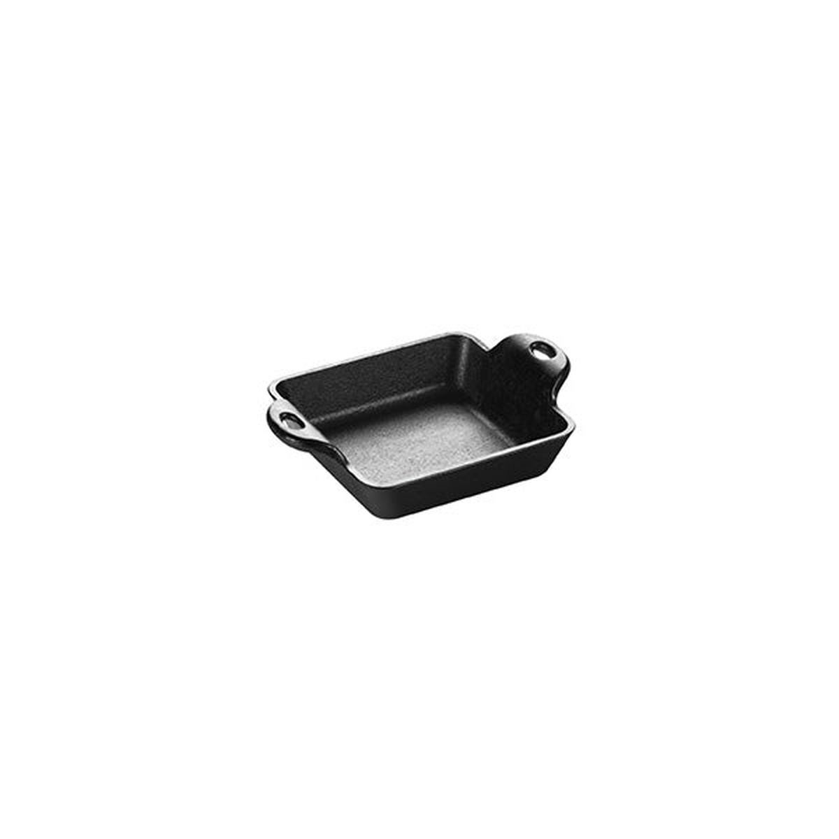 Lodge HMSS square cast iron mini server angled view showing loop handles and seasoned interior
