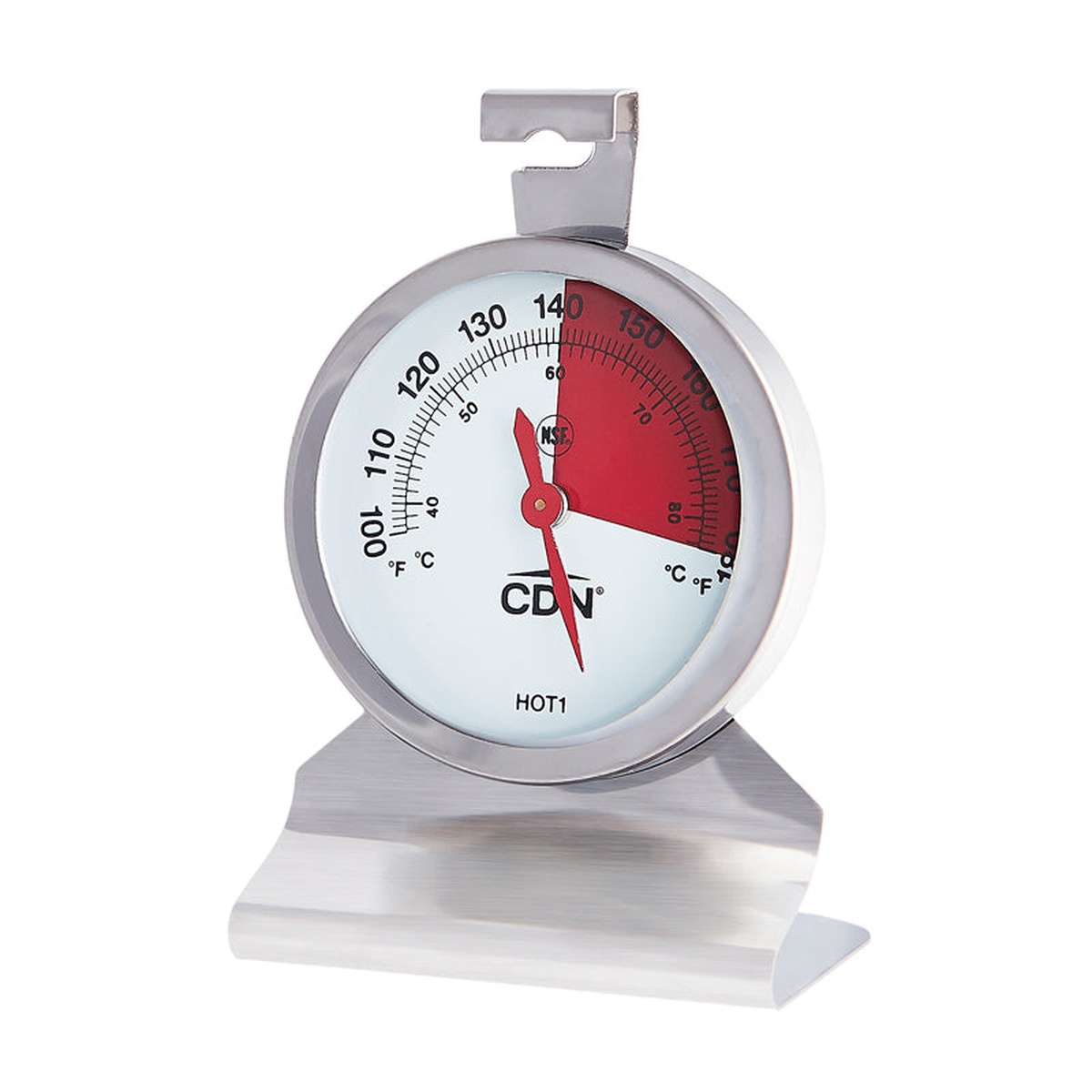 CDN HOT1 hot holding thermometer angled front view showing 2-inch dial face with red hot zone, dual Fahrenheit and Celsius scale, and stainless steel stand with hanging hook