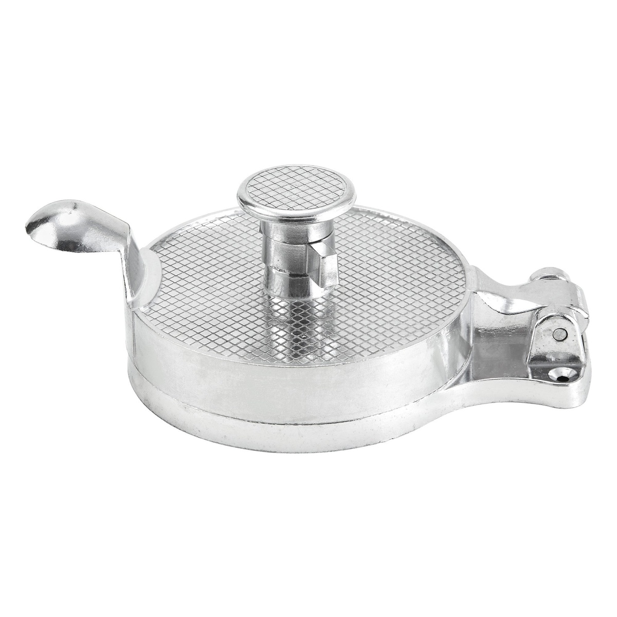 Winco HP-4 aluminum adjustable hamburger press with textured pressing plate and locking hinge, shown on white background