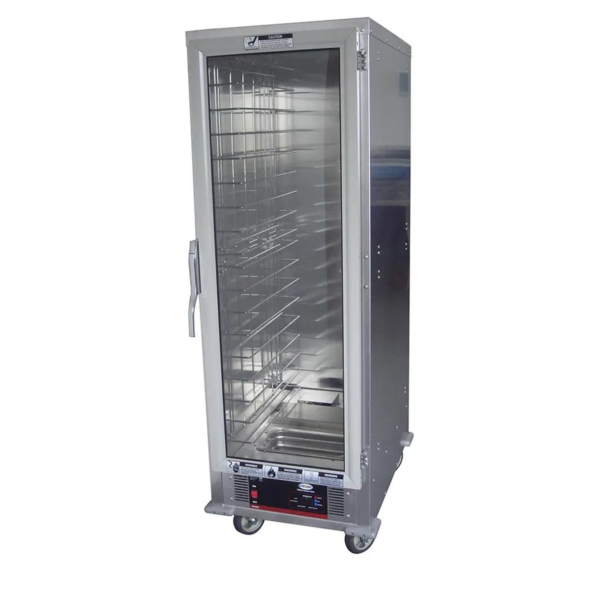 Cozoc HPC7008-C9F8 heater proofer cabinet showing interior wire rack shelving, water pan tray, and bottom-mounted digital control panel