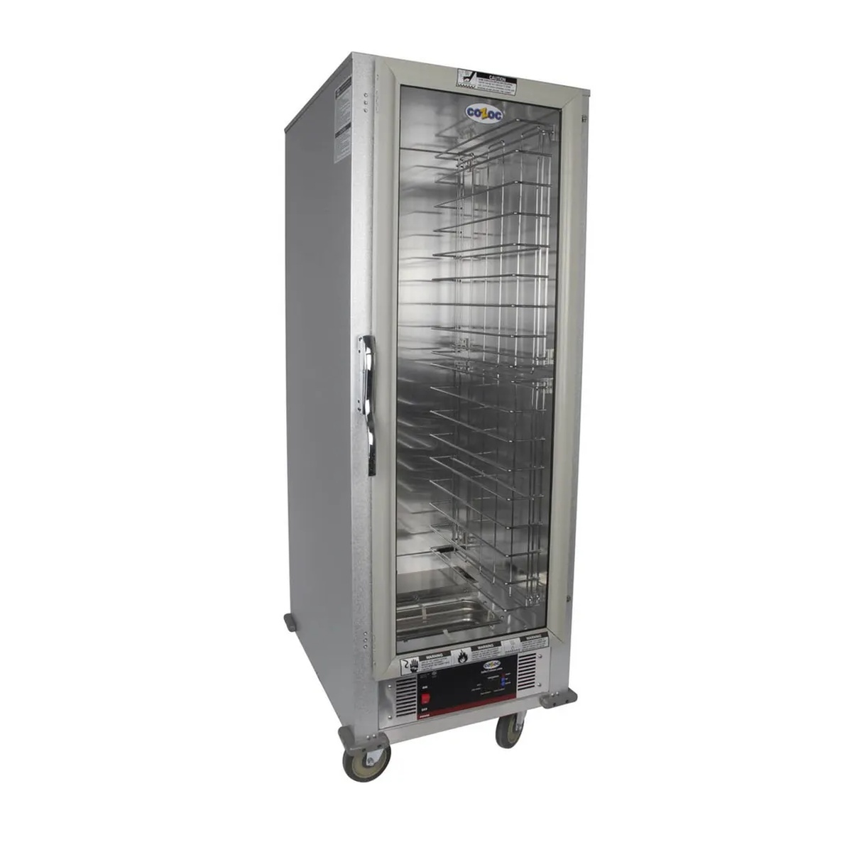 Cozoc HPC7008-C9F8 full height non-insulated heater proofer cabinet with clear polycarbonate door and multiple wire shelves on casters