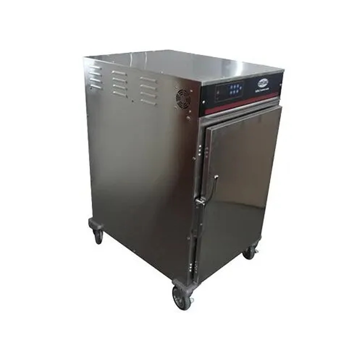 Cozoc HPC7013HF half-size cook and hold cabinet with stainless steel exterior, digital controls on top, solid door with handle, and four heavy-duty casters