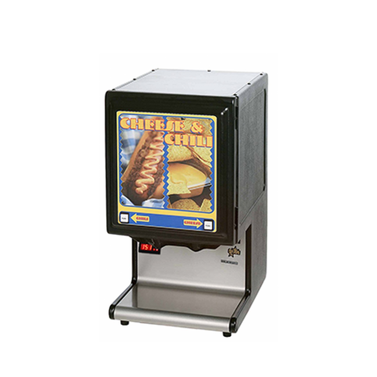 Star HPDE2 dual heated peristaltic dispenser with Cheese and Chili graphic panel and stainless steel base